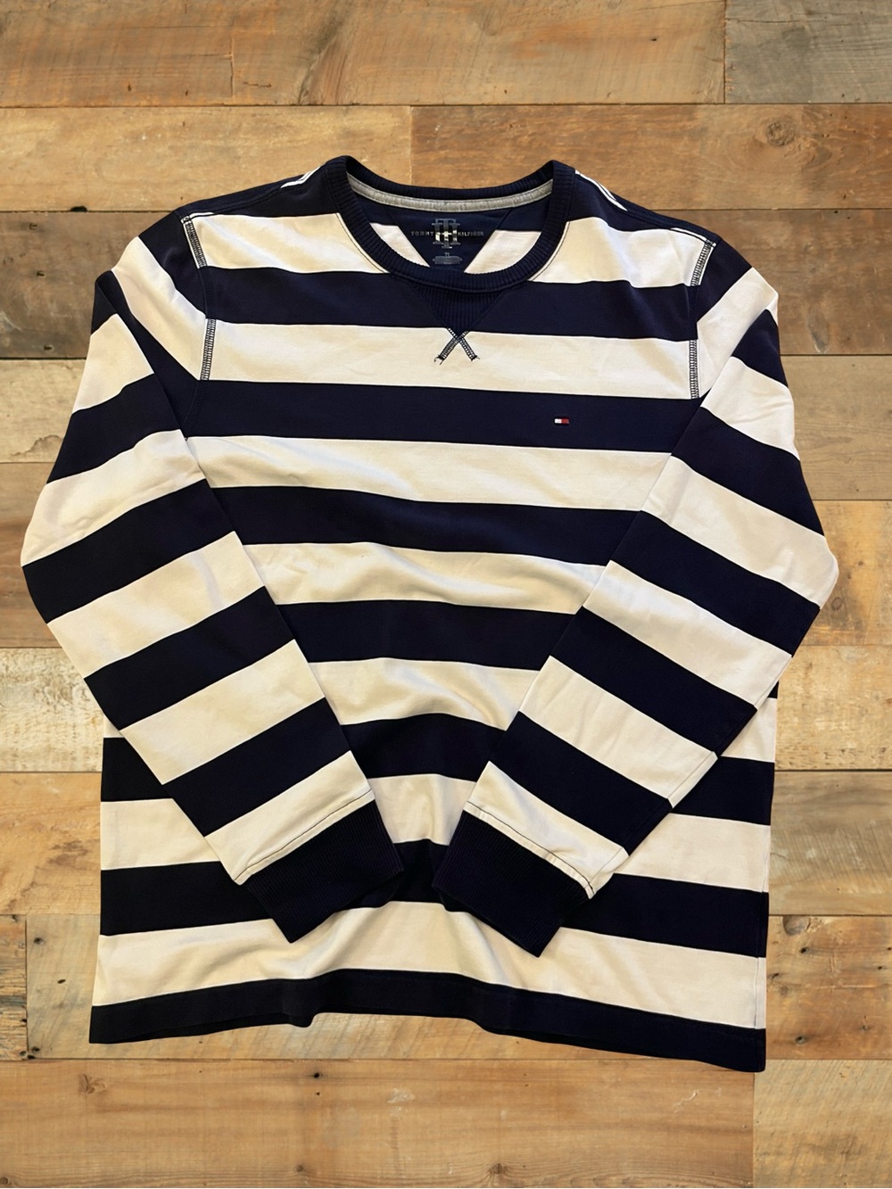 Tommy Hilfiger Navy Cream Striped Long Sleeve Top Tagged M